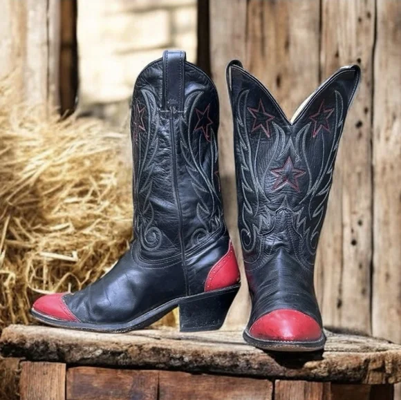 Vintage Black/Red Star Embroidered Cowboy Western Boots Women's Size 7M